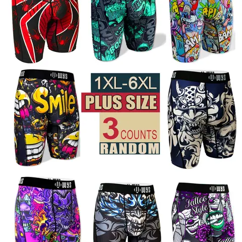 Men's Plus Size Random Sports Boxer Briefs (3pcs), Breathable Sporty Underwear, Training Underwear, Athletic Underwear for Workout, Gym & Fitness, Moisture-Wicking & Quick-Dry Boxers for All Seasons, Spider Print, Elastic Waist