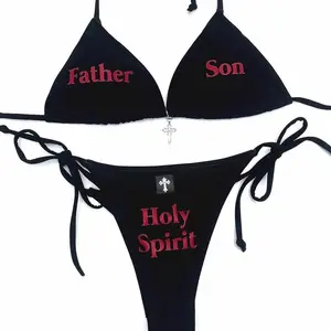 Y2K Father Son Holy Spirit Bikini, Black Grunge String Swimwear, Alt Goth Triangle Bikini Set, Handmade Deadpretty SE9 ZUH