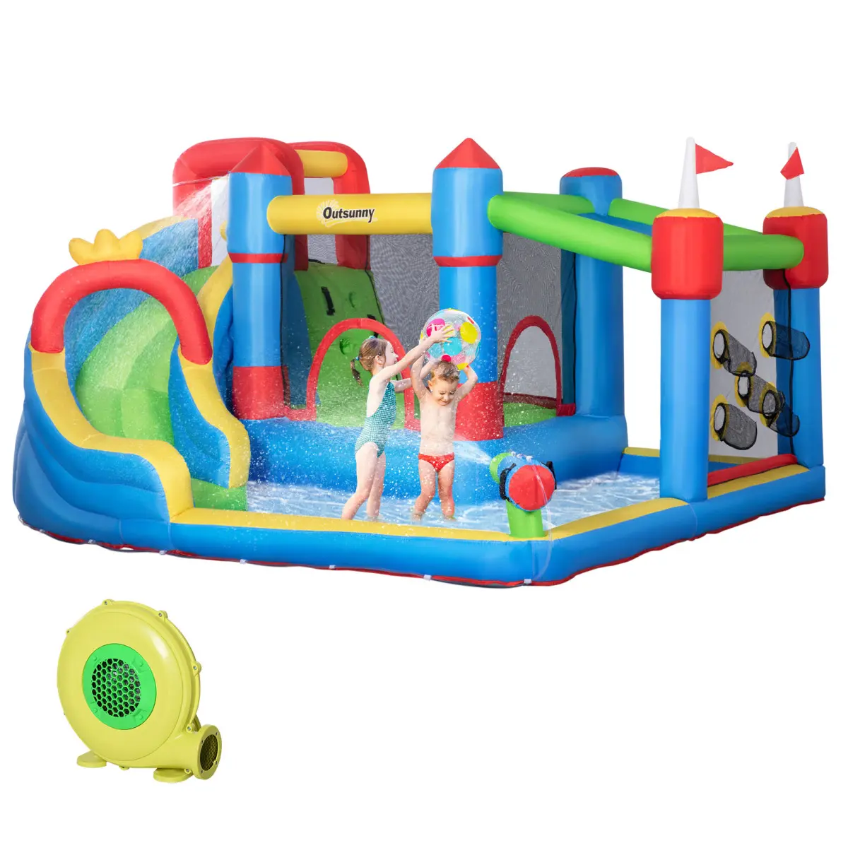 Outsunny 6-in-1 3-8 Years Kids Sports Bounce House Water Park, Sports Oxford Fabric Playground Equipment with Slide, Climbing Wall, Water Cannon, 450w 2-Min Quick Inflate Inflator, Carry Bag, 198 lbs Capacity, 153.5" L x 118" W x 77.5" H Outdoor Toy