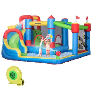 Outsunny 6-in-1 Inflatable Bounce House with Slide, Climbing Wall, Water Cannon, and More, Inflatable Water Slide for Kids with 2 Min.Inflation with Inflator