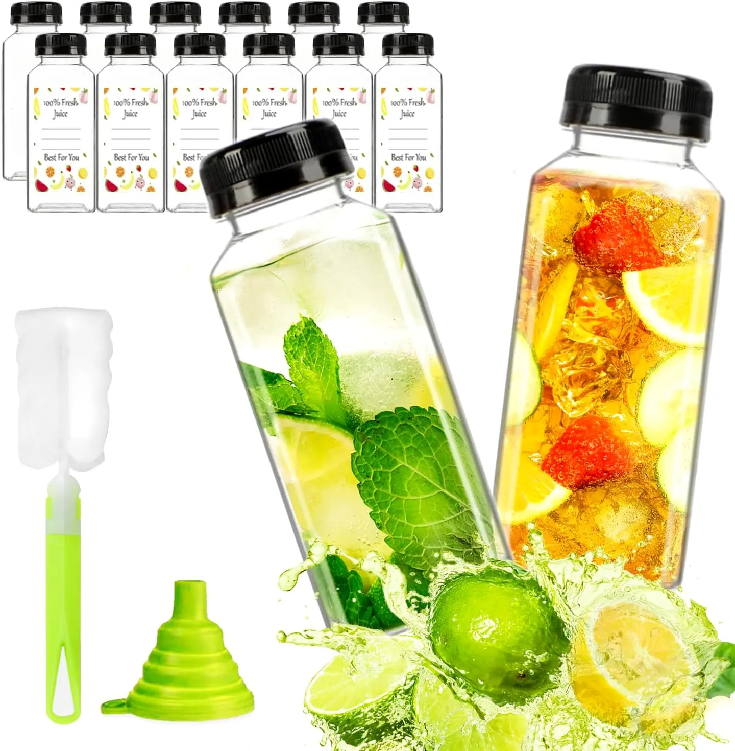 New Deal, 12pcs 12oz Plastic Juice Bottles, Reusable Juice Containers with Black Tamper Proof Lids, Brush, Funnel and Labels, Clear Juice Containers for Juicing, Smoothie and Homemade Beverages