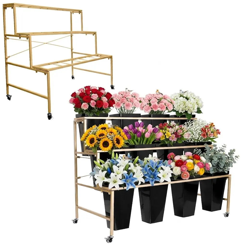 Flower Stand with 12 Buckets, Flower Display Stand with Wheels, Flower Cart, Moving Florist Bouquet Shelf for Events, Party, Events (Gold)