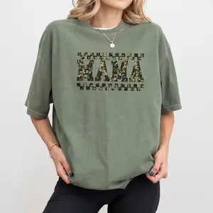 Women's MAPTEES Chic Oversized Comfortable Casual Printed Checkered Camouflage Mama Comfort Colors T-shirt, Military Mom Graphic Top, Mother's Day Gift Outfit