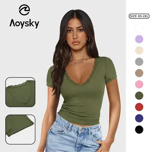 Aoysky Womens Sexy V Neck T Shirts Summer Lace Short Sleeve Slim Fit Y2k Going Out Crop Tops