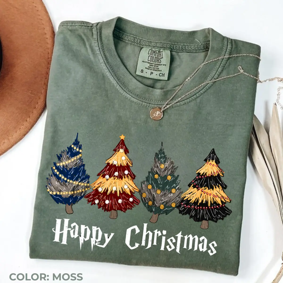 Comfort Colors Magic School Christmas Tree Shirt, Wizard House Holiday Graphic Tee, Merry Christmas Fantasy T-Shirt, Cozy Winter Gift