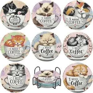 8-Piece Diamond Art Coaster Set with Stand, Diamond Painting Coasters, DIY Cat Pattern Series, Suitable for Adults and Beginners, Perfect Gift for Friends