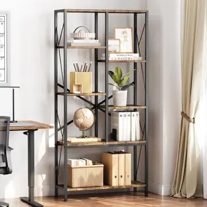 Garvee 2024 New Industrial Bookshelf 31.49 inches Width Split Level Vintage Storage Bookcase Tall Standing Metal Frame Open Display Racks Large Book Shelf for Bedroom, Living Room, Home Office