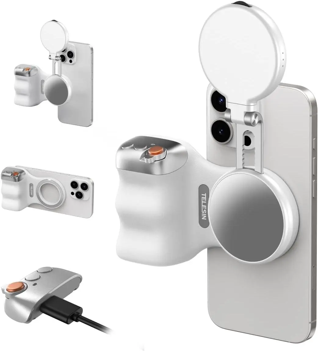 TELESIN Creator Kit - Fun Shot Magnetic Phone Camera Grip + C03 Magnetic Selfie Light (White)Bundle Kit Compatible with Iphone Magsafe & Android Selfies/Photography/Tiktok/Zoom Calls/Video Conference