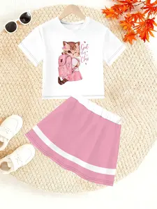 Cute Summer Set for Girls, Round Neck Short Sleeve T-Shirt & Pleated Skirt with Cute Cat Print Kitty, Perfect for Casual Travel
