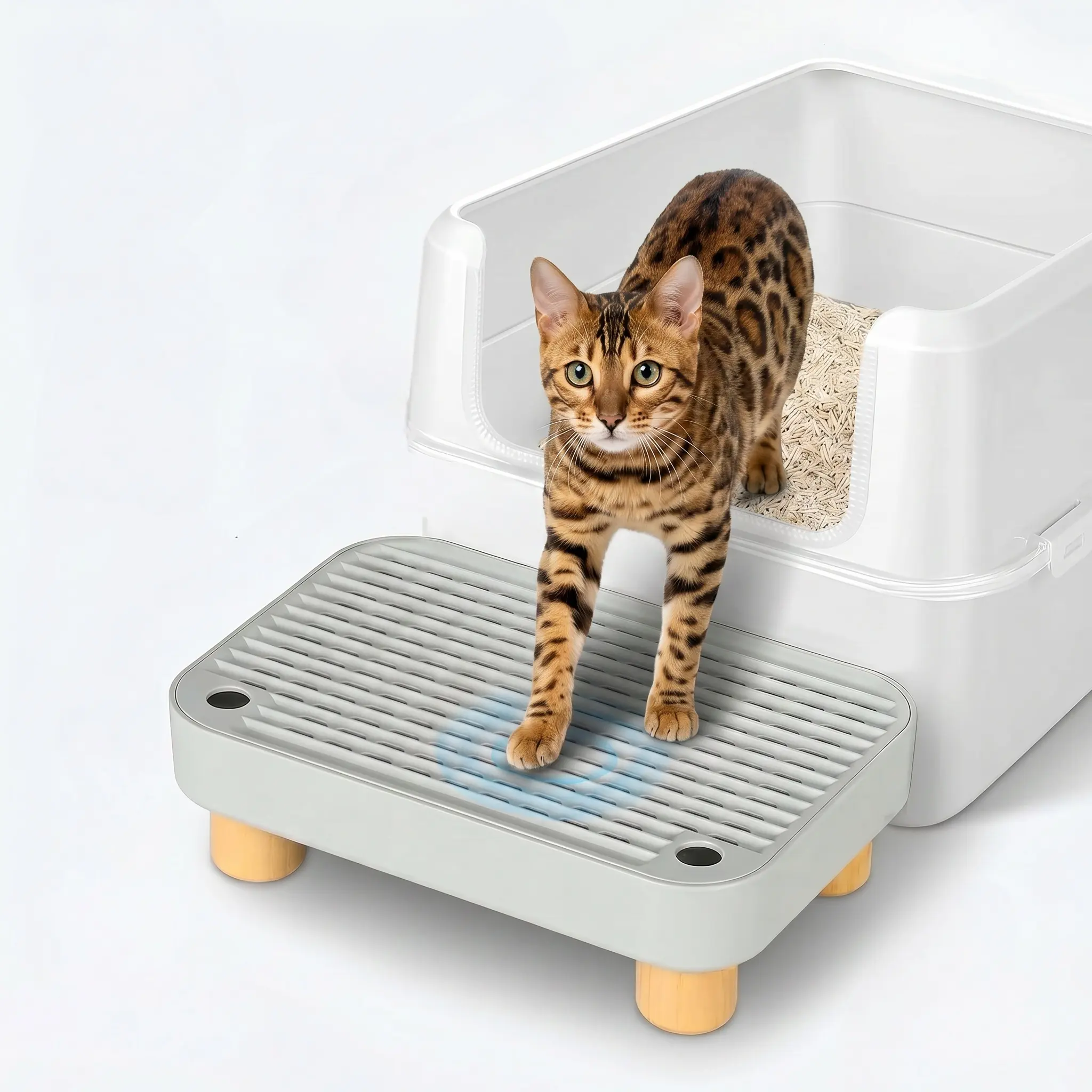【NEW】Wood Base Cat Litter Box Step, 11.8"x7.9"x3.6" Large Ramp Catcher with Anti-Tracking, Easy Cleaning, Dirt-Resistant Surface Wipes Clean, Clean Floors, Flat Surface, Compatible with Most Litter Boxes