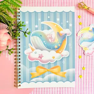 Cute Whale Sticker Book - Bunny, Moon, Clouds, Gold Spiral, Reusable Sticker Storage