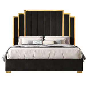 [MothersDayGift] AMERLIFE Bed Frame with 65" Headboard, Upholstered Platform Bed with Golden Plating Trim, Modern Luxury Bed Frame, No Box Spring Needed/No Mattress/Queen/King//Unique Bedroom Furniture/Best Gift Ideas/Christmas Gifts