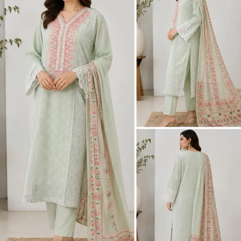 Mint Blossom Embroidered 3-Piece Suit