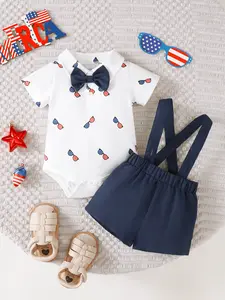 1-18M Baby Boys 4th of July Independence Day Outfits Stars and Strips Sunglasses Lapel Bow Romper Tops Suspender Shorts 2Pcs Summer Clothes,Ready Stock 42502048 Costume Shirt