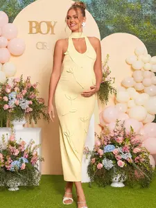 ELLIOTTWII Elegant Party Floral Decor Backless Halter Maternity Dress,Gender Reveal Dress,Maternity Dress, Baby Shower Dress