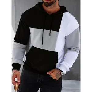 Patchwork Color Block Hoodie With Kangaroo Pocket, Men's Casual Solid Color Slightly Stretch Drawstring Pullover Hooded Sweatshirt For Spring Fall