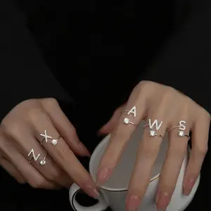 LATS Zircon Initial Shaped A-Z Letter Rings for Women, Adjustable Opening Name Alphabet Fashion Jewelry, Wedding Gift, Initial Shaped Rings