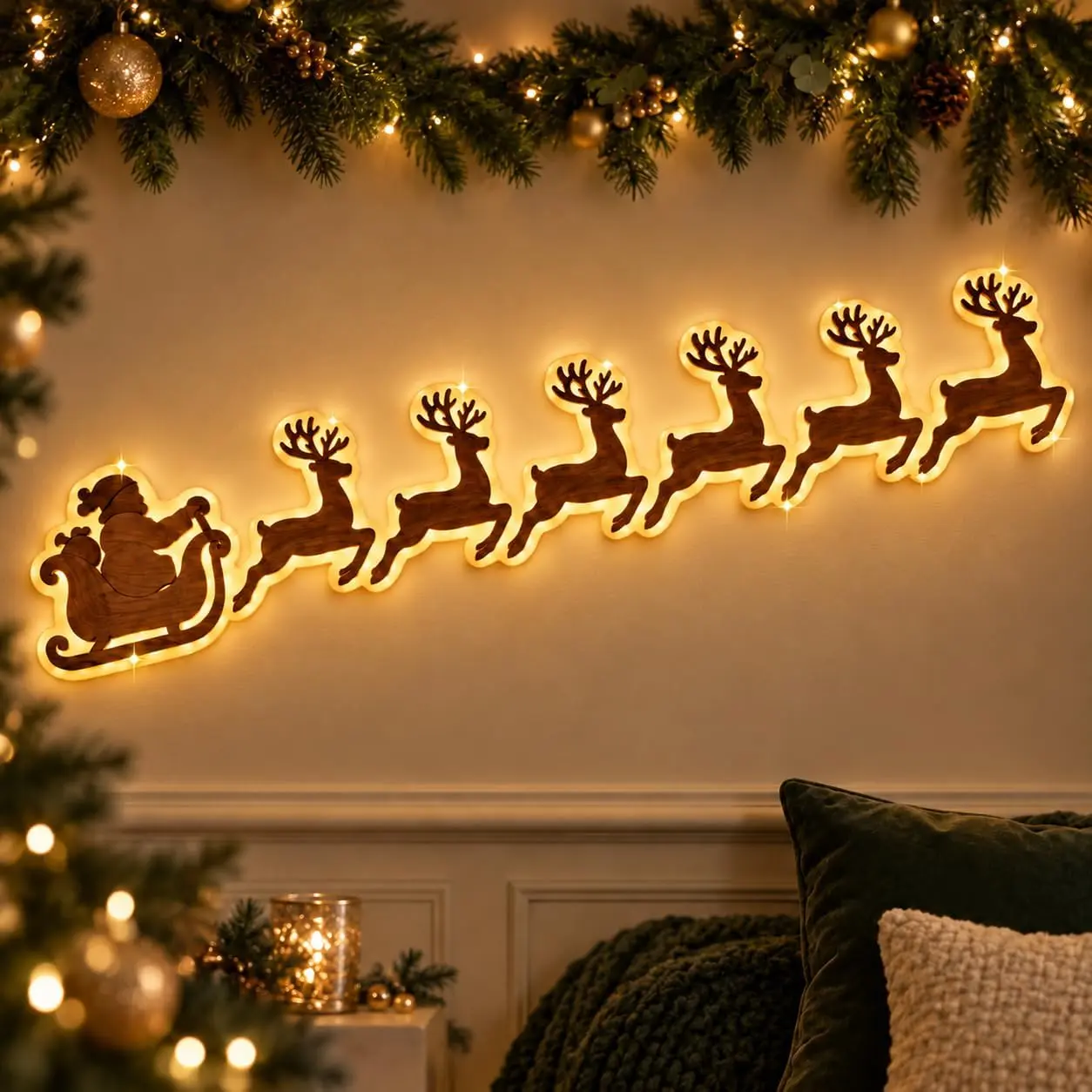 7-Piece Peel-and-Stick 3D Light-Up Wooden Look Reindeer Christmas Sleigh Set, Modern LED Wall Decoration with LED Bulbs, Indoor Use Ornaments for Rustic Theme Windows, Fireplaces, Smooth Surfaces