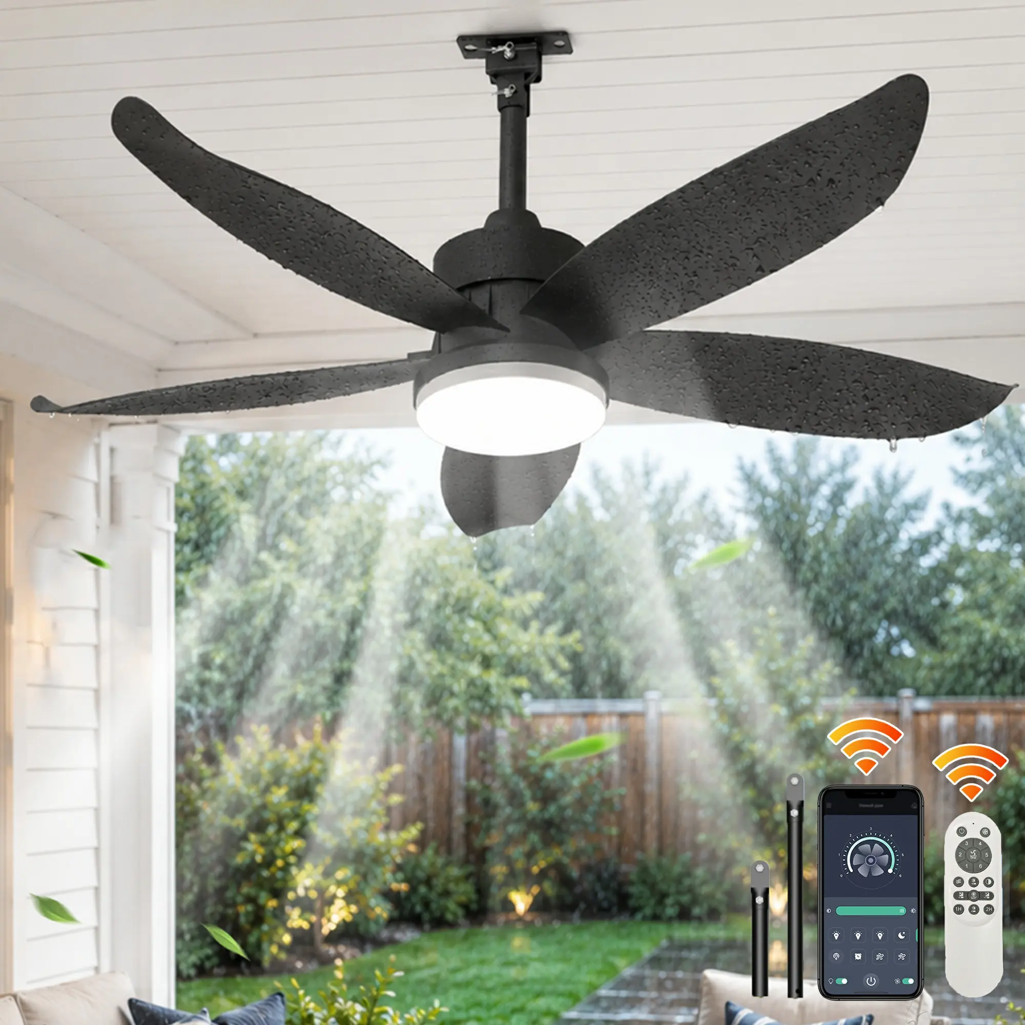 Garwarm 42 Inch Waterproof Outdoor Ceiling Fan with Light and Remote, Modern Smart Fan Light, 6-Speed, LED Dimmable, Black Ceiling Fan for Patios, Porch, Living Room, Bedroom, Kitchen