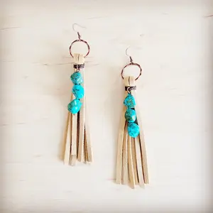 Leather Fringe Earrings with Turquoise Chunks Cream 218q
