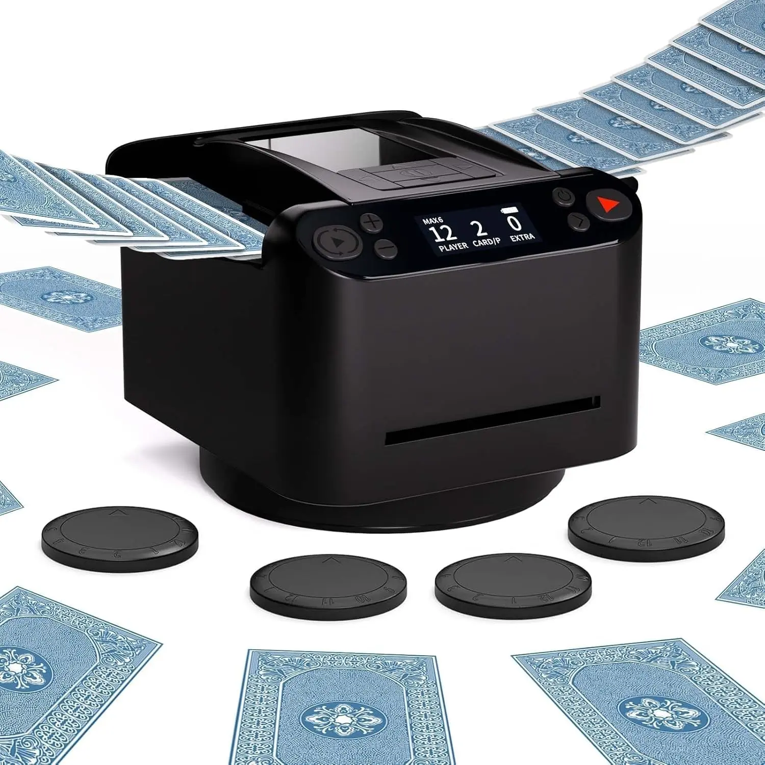 CARDSPIN Automatic Card Shuffler and Dealer Machine, 1-2 Deck Electric Playing Card Dealer with 4 Remotes, 12-Player 360°/180° Dealing for Poker, UNO, Blackjack & Family Games