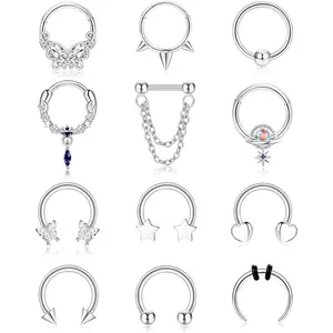 FIBO STEEL 12 Pcs Stainless Steel Nose Rings Set for Women Dangle Rings Star Heart Daith Tragus Helix Cartilage Hoop Earrings Septum Piercing Jewerly