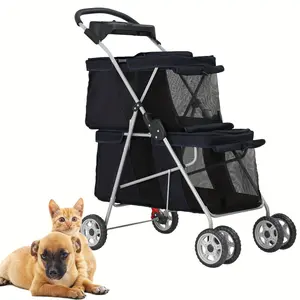 Pet Stroller Double Deck with Dual 4-Wheel Dog Cat Stroller Puppy for Small and Medium-Sized Pet Folding Portable Handcart with Cup Holder