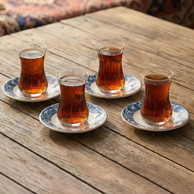 Turkish Tea Cups and Saucers Set of 4, Armudu Glass Tumblers with Ceramic Plate, Traditional Arabic Style Teacups for Moroccan Persian Coffee, Perfect for Tea Party Experience, Gifts, Housewarming, Weddings, Anniversary, Celebration, Drinkware