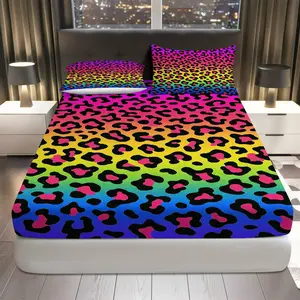 3Pcs Rainbow Leopard Print Fitted Sheet Three Piece Set (1*Fitted Sheet+2*Pillowcases, Coreless), Party theme, Colorful Animal Bedding Set, Mattress protector Soft, Breathable