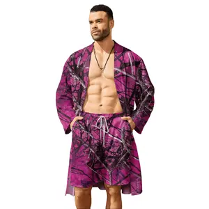 Men's long cardigan and shorts set with forest branches and leaves print, a must-have for young men in the spring and summer. High-quality, durable, casual, stylish, breathable, comfortable, and cool