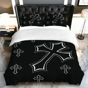3PCS Duvet Cover Set, 1 Duvet+2 Pillowcases(Without filler), Gothic Cross Black theme, Halloween bedding set, Decorative Duvet Cover, Modern Luxury Design Suitable for decoration Bedroom Living Room Guest Room Hotel