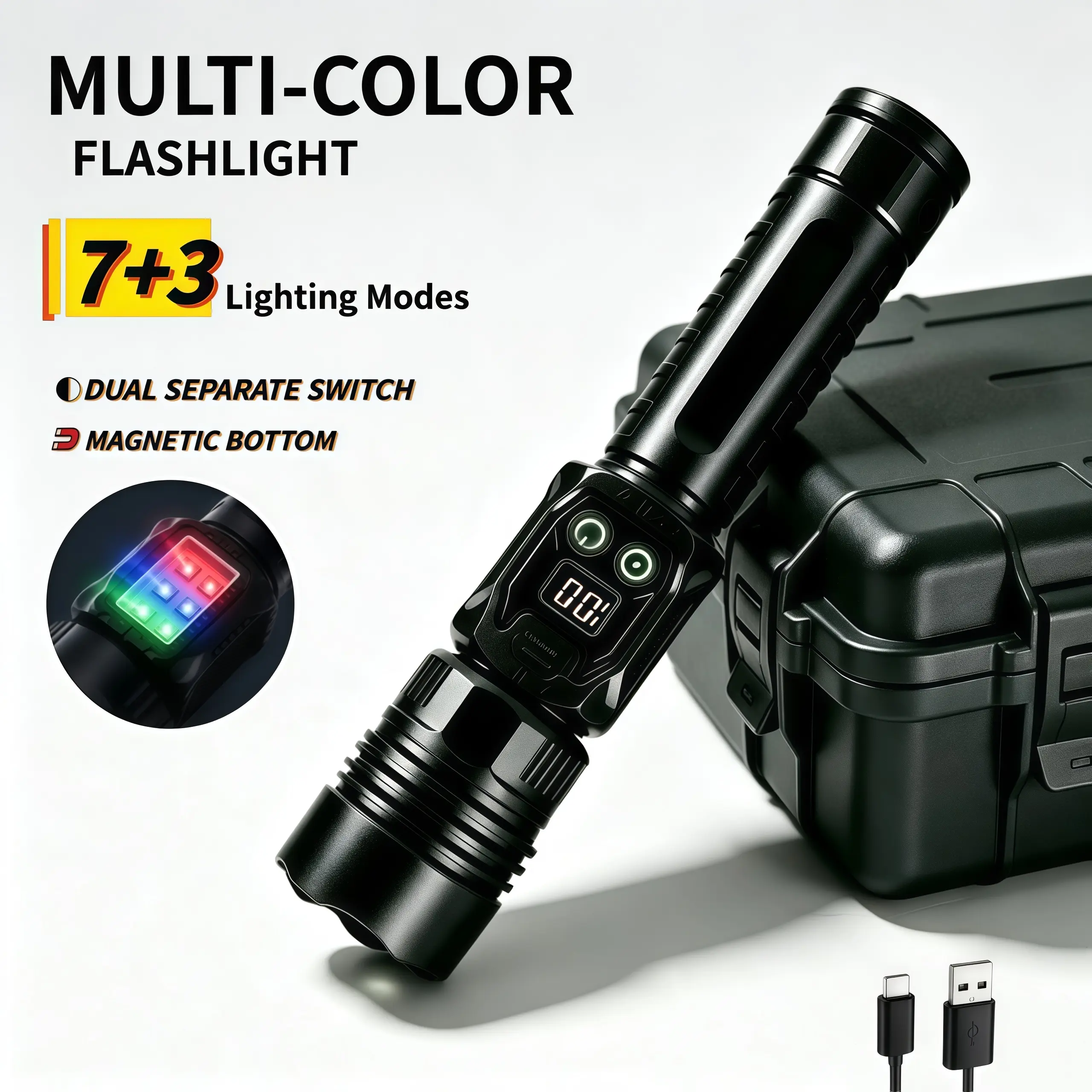 Multicolor Warning Strobe Flashlight, 7+3 Lighting Modes Telescopic Zoom Beam Tactical Flashlight, Magnetic Tail Cap Hands Free Light, USB Rechargeable Flashlight with Digital Power Display for Car Repair, Camping, Hiking, Patrol