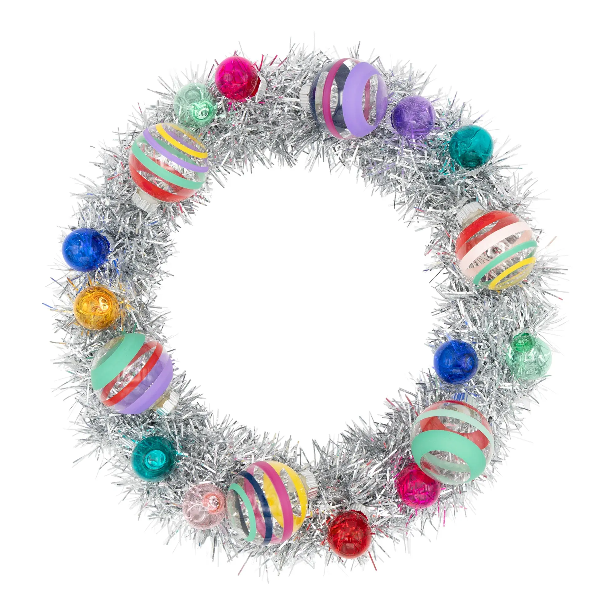 Vivid Vintage Silver Tinsel Wreath with 1in and 1.75in Rounds, Festive Decoration for Holiday Decor