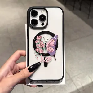 Magnetic Case, New Fashion Butterfly and Flower Pattern Phone Case for iPhone 17 E Air Pro ProMax iPhone16 15 14 Plus 13 12 Mini 11 X XS XR, Transparent Drop-Proof Protective Cover with MagSafe Magnetic Function, Full-Coverage Soft Case for Women