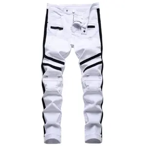 Stretch Slim Fit Jeans - Men's Distressed Straight Leg Denim Pants, Fashion Ripped Biker Jeans Menswear Trouser White