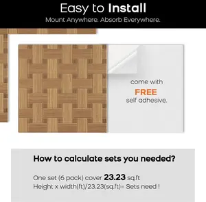 BUBOS 6 Pack Self-Adhesive Acoustic Wall Panels, 23.6" x 23.6" Sound Proof Panels for Walls, 3D Wood Pattern Decorative Sound Absorbing Wall Art for Studio, Home Office (Teakwood)