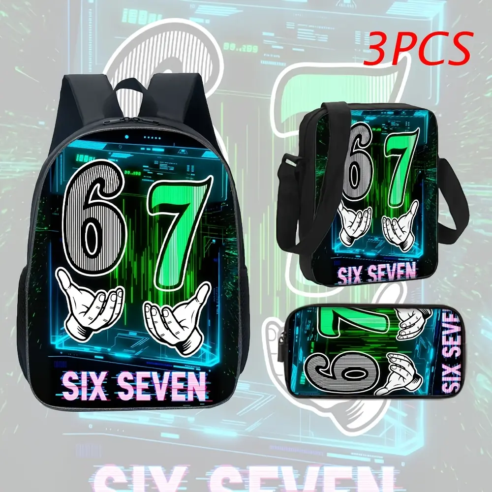 Unisex 3PCS Cyber Glow Tech Vibes Elementary School Backpack Set - 600D Oxford Cloth, Futuristic Streetwear, Glowing Neon Green & Blue Patterns, Lunch Box, Pencil Case, Adjustable Straps, Breathable, 15-in Laptop Fit, for School Outdoors & Hangouts