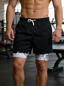 Men's Side Pocket Double Layer Shorts, Skull Thorns Print Lining, Running Outdoor Sports Drawstring Gym Shorts, Quick Dry Breathable Mesh Fabric