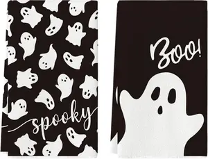 Black Ghost Spooky Halloween Kitchen Towels Dish Towels, 18x26 Inch Boo Decoration Hand Towels Set of 2