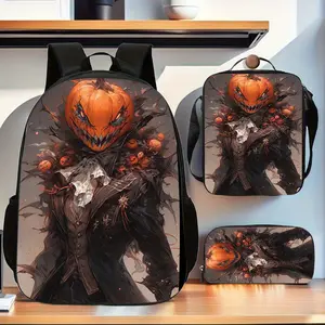 Halloween horror-themed backpack set, includes 3 pieces: a spacious backpack, a handbag, and a pencil case, perfect for men and women to organize their belongings