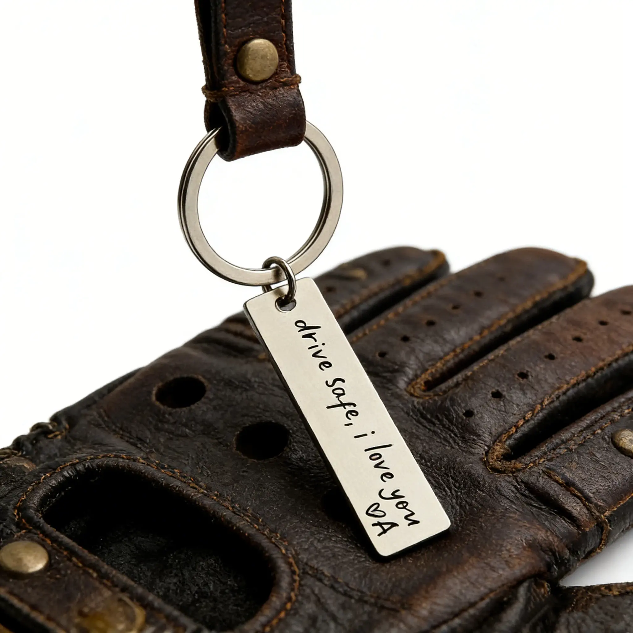 Engraved Metal Keychain, 1/2"x2" Mini Stainless Steel Handmade Gift for Him & Boyfriend with 'Drive Safe' Message, Compact Double-Ring Car Accessory, Durable Daily Use Fashion Accessory