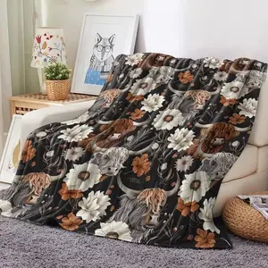 Floral & Cattle Print Throw Blanket, Cow Print Blanket, Soft Warm Napping Blanket, Air-conditioned Room Blanket, Bedroom Accessories, Home Office Travel Blanket