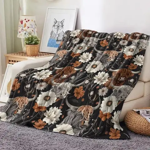 Floral & Cattle Print Throw Blanket, Cow Print Blanket, Soft Warm Napping Blanket, Air-conditioned Room Blanket, Bedroom Accessories, Home Office Travel Blanket