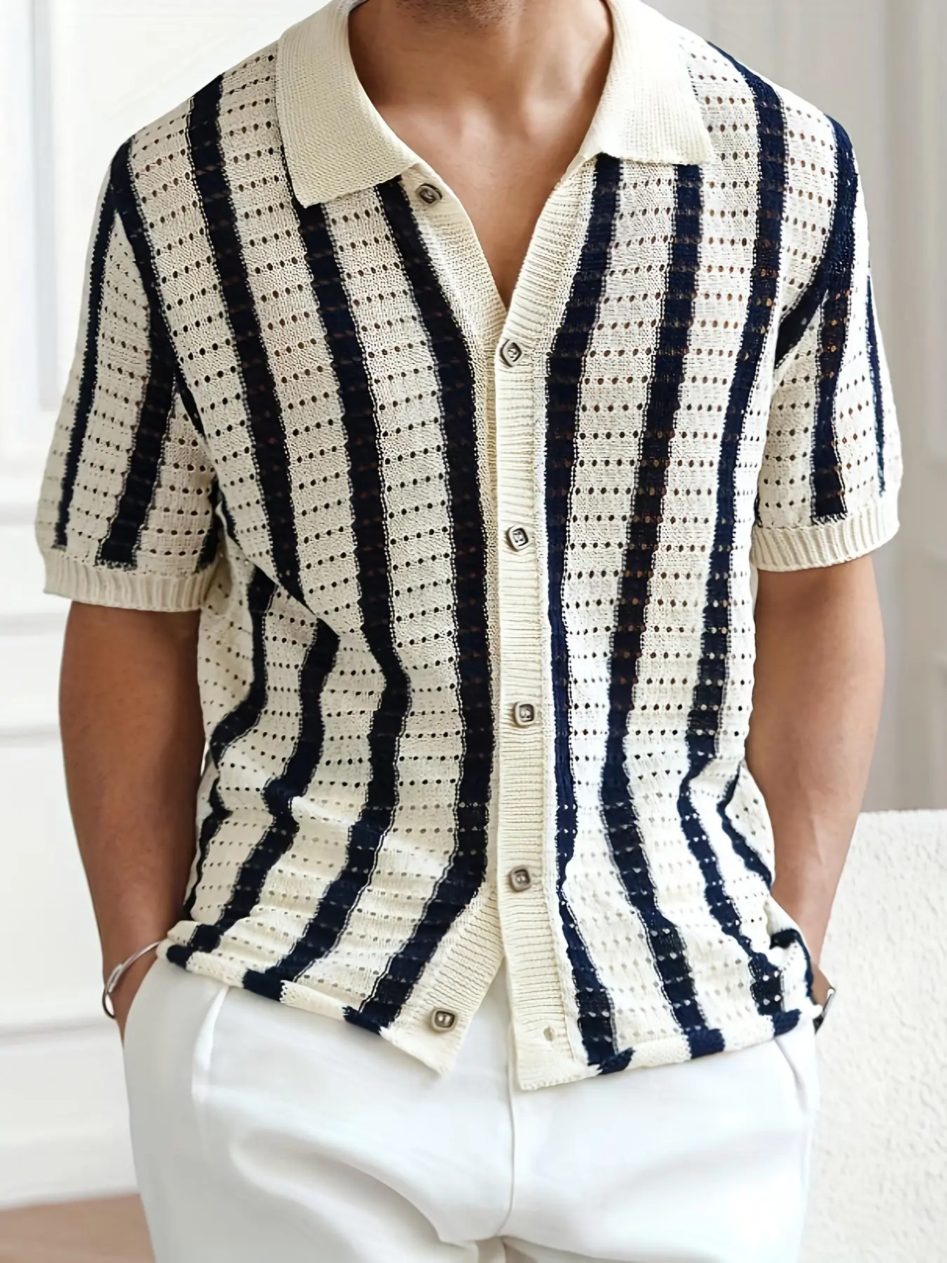 Men's Striped Floral Cardigan, Cardigan Sweaters, Summer Lightweight Business Casual Short Sleeve Polo Neck Knitwear, Breathable Mesh Design, Collared Knit Clothing, Casual Fashion Knitwear