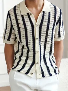 Men's Striped Floral Cardigan, Summer Lightweight Business Casual Short Sleeve Polo Neck Knitwear, Breathable Mesh Design