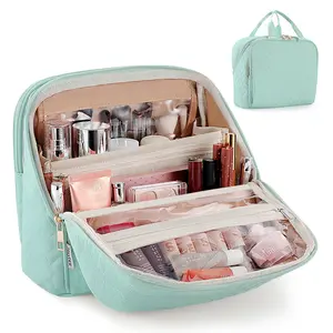 Makeup Bag, Large Capacity Travel Makeup Organizer, Portable Standing Make Up Case, Waterproof Cosmetic Toiletry Bags with Handle, Color Sega Green