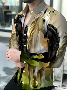 Men's Breathable Lapel Long Sleeve Cardigan with White and Black Horse Print