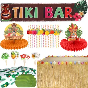 Tropical Luau Party Decor Set, Hawaiian Tiki Supplies with Table Skirt, Tablecloth, Banner, Palm Leaves, Cupcake Toppers & Centerpieces, Summer Beach Party Kit
