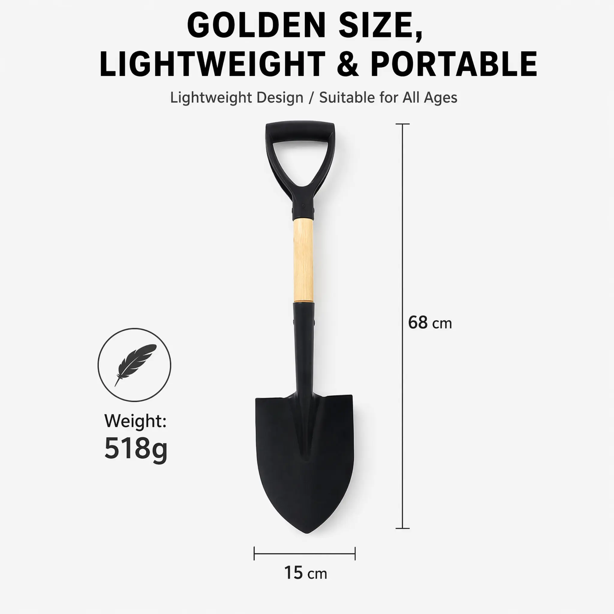 Lightweight and portable pointed garden shovel, D-shaped handle, total length 68 cm. High carbon steel black sharp blade that easily penetrates soil. D-shaped grip reduces effort and is comfortable. Ultra-light weight only 518 g. Suitable for gardening, p