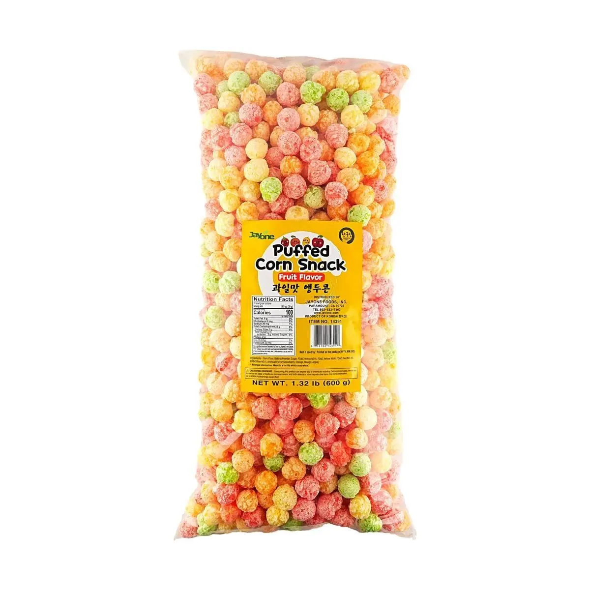 JAYONE Korean Puffed Corn Balls - Fruity Flavored Snack, 600g Bulk Pack, Crispy & Crunchy Sweet Corn Puffs